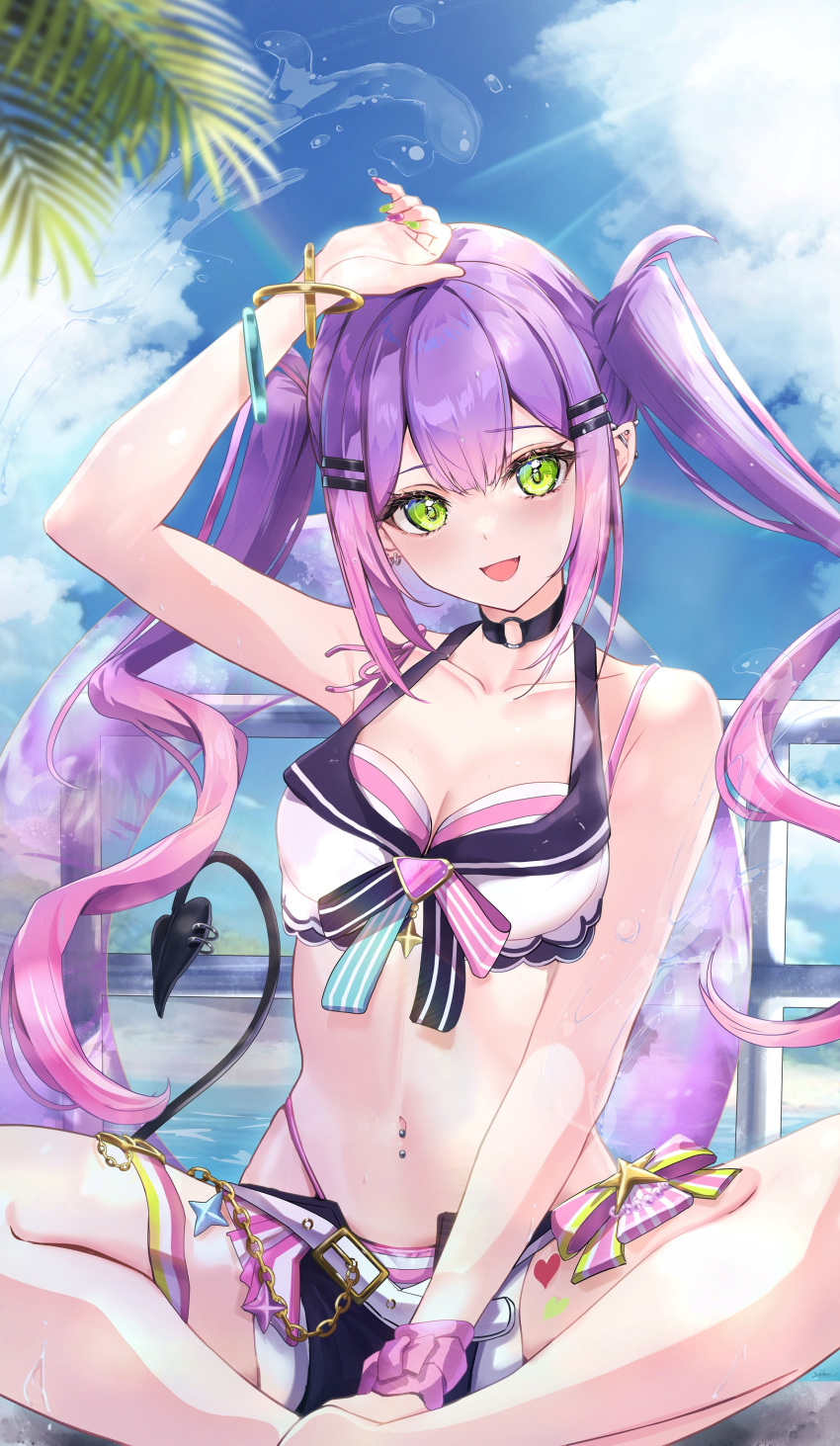 1girl absurdres bare_shoulders belt bikini bikini_under_shorts black_shorts blush breasts choker collarbone colored_inner_hair day demon_tail ear_piercing front-tie_bikini_top front-tie_top gradient_hair green_eyes hair_ornament hairclip highleg highleg_bikini highres hololive hololive_summer_2023_swimsuit layered_bikini long_hair looking_at_viewer medium_breasts multicolored_hair navel navel_piercing o-ring o-ring_choker official_alternate_costume open_mouth outdoors piercing pink_hair purple_hair shorts sitting smile solo streaked_hair striped striped_bikini swimsuit tail tail_ornament tail_piercing thighs tokoyami_towa twintails two-tone_bikini virtual_youtuber white_belt white_bikini yuki_haru