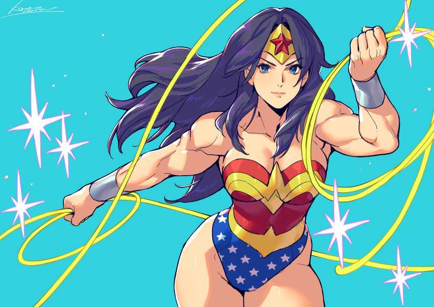 1girl bangs bare_shoulders black_hair blue_eyes bracelet breasts cleavage closed_mouth collarbone cowboy_shot dc_comics fighting_stance hand_up highres holding_lasso jewelry kotatsu_(g-rough) lasso lasso_of_truth lips long_hair looking_at_viewer medium_breasts muscular muscular_female parted_bangs revealing_clothes signature simple_background solo sparkle star_(symbol) star_print superhero thighs tiara wide_hips wonder_woman wonder_woman_(series)