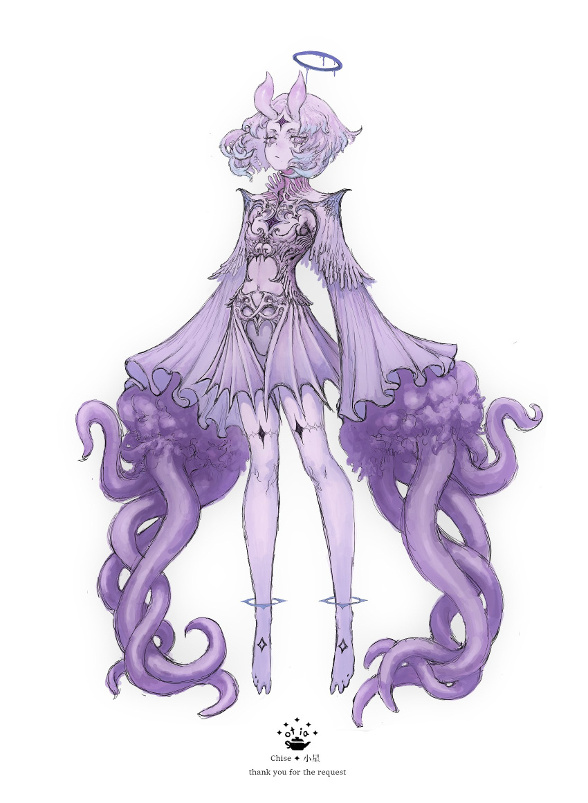 1other ambiguous_gender animal_ears anklet chise_(vtuber) colored_skin eldritch_abomination expressionless facial_mark flat_chest floating foot_tattoo forehead_mark frills halo highres horns jewelry leg_tattoo looking_at_viewer navel purple_eyes purple_hair skirt tattoo tears tentacles translation_request tyawantyawan356 very_long_sleeves white_background