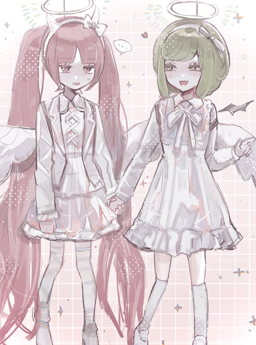 2girls :d blush bow bowtie danganronpa_(series) danganronpa_another_episode:_ultra_despair_girls fake_halo fake_horns feet_out_of_frame green_eyes green_hair hair_bow hair_ribbon hairband halo highres holding_hands horns jacket kneehighs long_hair long_sleeves multiple_girls naruse_(nal1525) open_clothes open_jacket pink_hair ribbon short_hair sideways_glance smile socks thighhighs towa_monaca utsugi_kotoko very_long_hair white_bow white_bowtie white_hairband