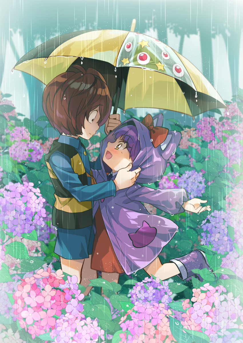 1boy 1girl absurdres aged_down blush brown_hair commentary_request eye_contact flower gegege_no_kitarou highres holding holding_umbrella kitarou looking_at_another medama_oyaji nekomusume nekomusume_(gegege_no_kitarou_6) outdoors purple_hair rain raincoat short_hair silanduqiaocui smile umbrella