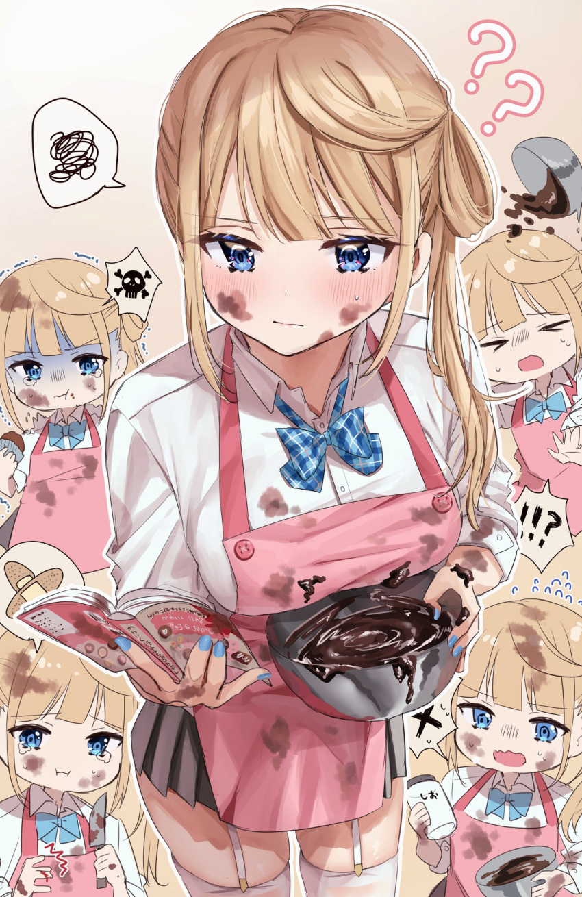 !? 1girl ? ?? aoba_miu apron blonde_hair blood blue_bow blue_bowtie blue_eyes blue_nails blush bow bowl bowtie breasts chigusa_minori chocolate_making closed_mouth clumsy collared_shirt commentary_request cowboy_shot cut_finger disgust dress_shirt garter_straps gradient_background grey_skirt highres holding holding_bowl injury knife kokoro_iroduku_koi_ga_shitai large_breasts looking_at_viewer messy multiple_views nail_polish official_alternate_hairstyle outline pink_apron plaid plaid_bow plaid_bowtie pleated_skirt school_uniform shirt side_ponytail simple_background single_hair_ring skindentation skirt skull_and_crossbones spoken_squiggle squiggle sweatdrop tearing_up thighhighs valentine white_background white_outline white_shirt white_thighhighs zettai_ryouiki