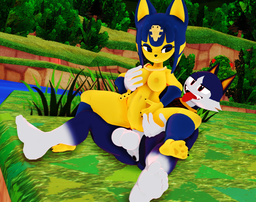 3d_(artwork) animal_crossing ankha_(animal_crossing) anthro balls blue_body blue_hair bottomless breasts clothed clothing digital_media_(artwork) domestic_cat duo felid feline felis female female_penetrated genitals hair male male/female male_penetrating male_penetrating_female malicekira mammal nintendo nipples penetration penile penile_penetration penis penis_in_pussy rover_(animal_crossing) sex tongue tongue_out vaginal vaginal_penetration yellow_body