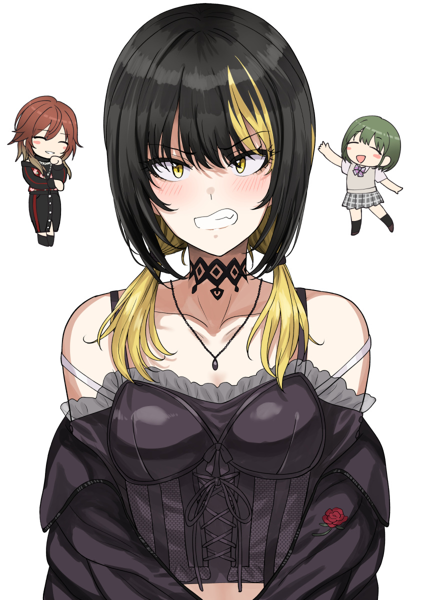 3girls aketa_mikoto alternate_hairstyle black_choker black_hair black_jacket blonde_hair blush breasts chibi chibi_inset choker clenched_teeth crop_top highres idolmaster idolmaster_shiny_colors ikaruga_luca jacket jewelry looking_at_viewer low_twintails medium_hair multicolored_hair multiple_girls nanakusa_nichika necklace off_shoulder simple_background small_breasts teeth tsurui twintails two-tone_hair upper_body white_background yellow_eyes