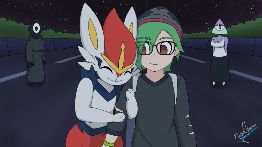 absurd_res anthro cinderace embrace eyewear female generation_8_pokemon glasses green_hair hair hi_res hug hugging_arm human humanoid iilluminaughtii male mammal nintendo pokemon pokemon_(species) prisma_(fr0gv0re) trainer whygenamoon