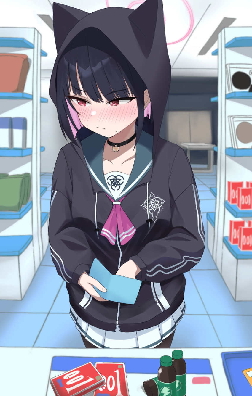 1girl black_choker black_hair black_jacket blue_archive blush buying_condoms choker closed_mouth colored_inner_hair commentary condom_box halo highres holding holding_wallet hood hood_up hooded_jacket indoors jacket kazusa_(blue_archive) long_sleeves mintchoco_(minchothudong) multicolored_hair pink_hair pleated_skirt red_eyes short_hair skirt solo wallet white_skirt