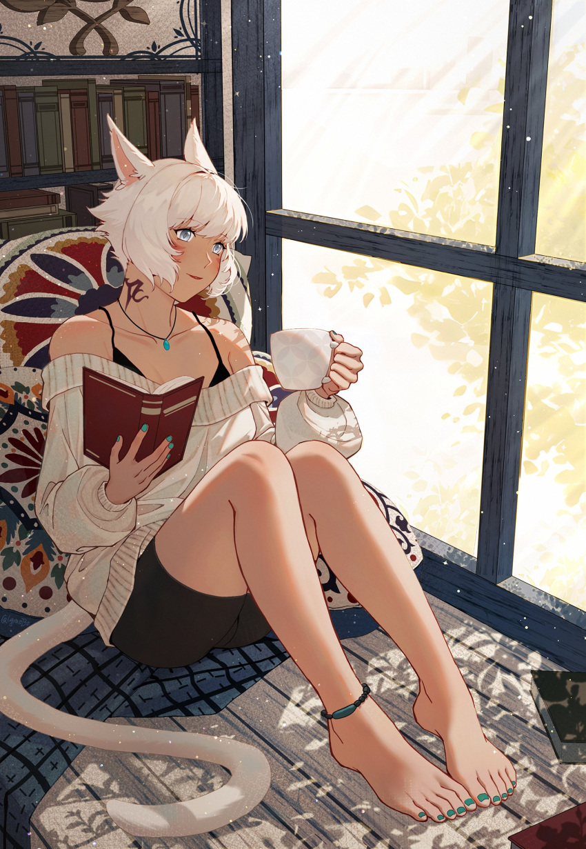 1girl animal_ears anklet barefoot black_camisole book bookshelf camisole cat_ears cat_tail cup facial_mark feet final_fantasy final_fantasy_xiv green_nails grey_eyes highres holding holding_cup jewelry knees_up legs legs_together lyra-kotto miqo'te nail_polish neck_tattoo off-shoulder_sweater off_shoulder open_book pendant short_hair shorts sitting solo sweater tail tattoo toenail_polish toenails toes whisker_markings white_hair y'shtola_rhul
