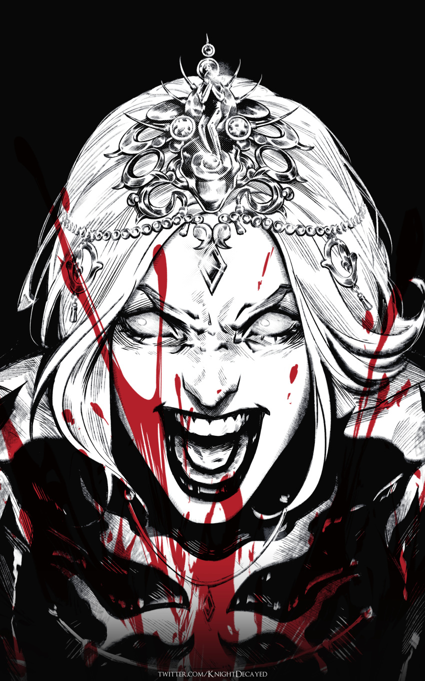 1girl absurdres baldur's_gate baldur's_gate_3 black_background blood blood_in_hair blood_on_face blood_splatter circlet commentary constricted_pupils crazy_eyes crazy_smile dungeons_and_dragons facing_viewer furrowed_brow greyscale headpiece highres knightdecayed looking_to_the_side monochrome open_mouth orin_the_red portrait sideways_glance simple_background smile solo spot_color teeth twitter_username