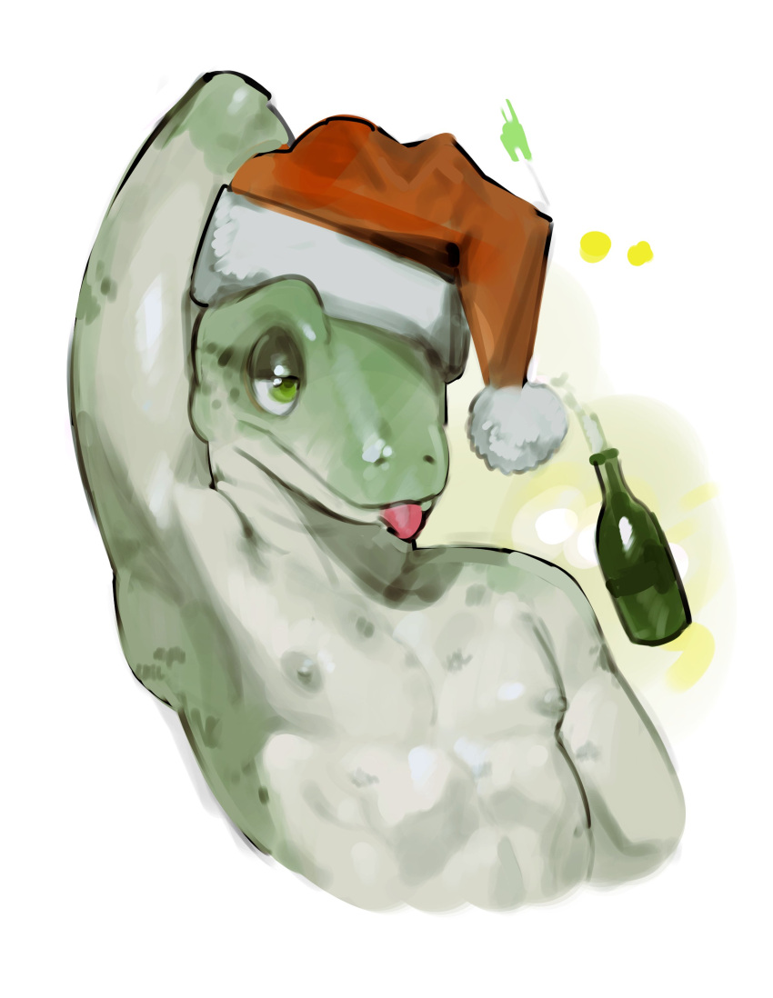 absurd_res anthro athletic athletic_anthro bottle christmas christmas_clothing christmas_headwear clothing container green_body green_eyes green_skin hat hat_only headgear headgear_only headwear headwear_only hi_res holidays kogito lidded_eyes lizard male mostly_nude nipples raised_arm reptile santa_hat scalie snout solo spots spotted_body tongue tongue_out