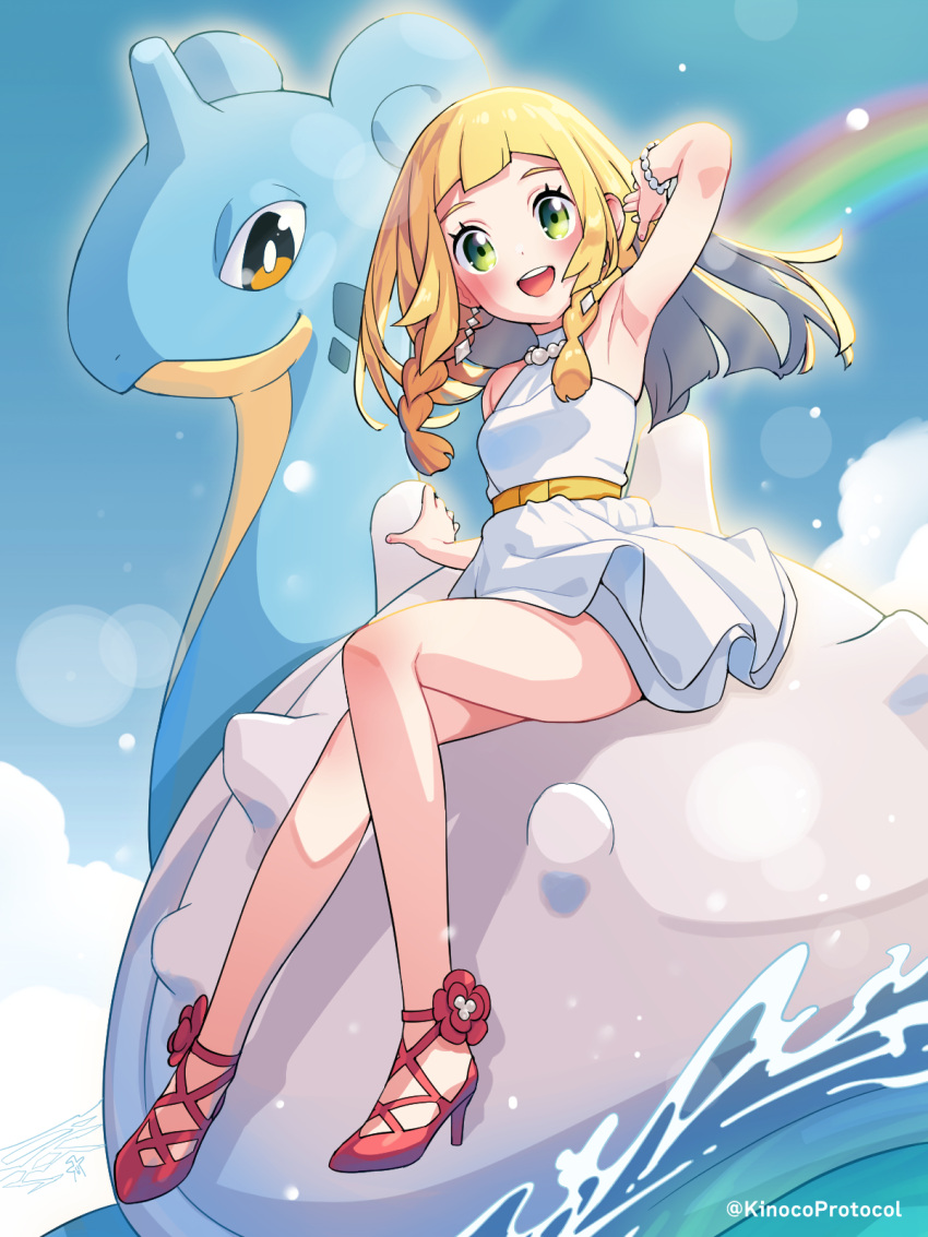 1girl :d armpits bead_bracelet beads blonde_hair blush bracelet braid cosplay day dress eyelashes green_eyes hand_up high_heels highres jewelry kinocopro lapras lillie_(pokemon) long_hair nessa_(pokemon) nessa_(pokemon)_(cosplay) open_mouth outdoors pokemon pokemon_(creature) pokemon_(game) pokemon_sm pokemon_swsh rainbow red_footwear riding riding_pokemon sky smile teeth twin_braids twitter_username upper_teeth_only water watermark white_dress