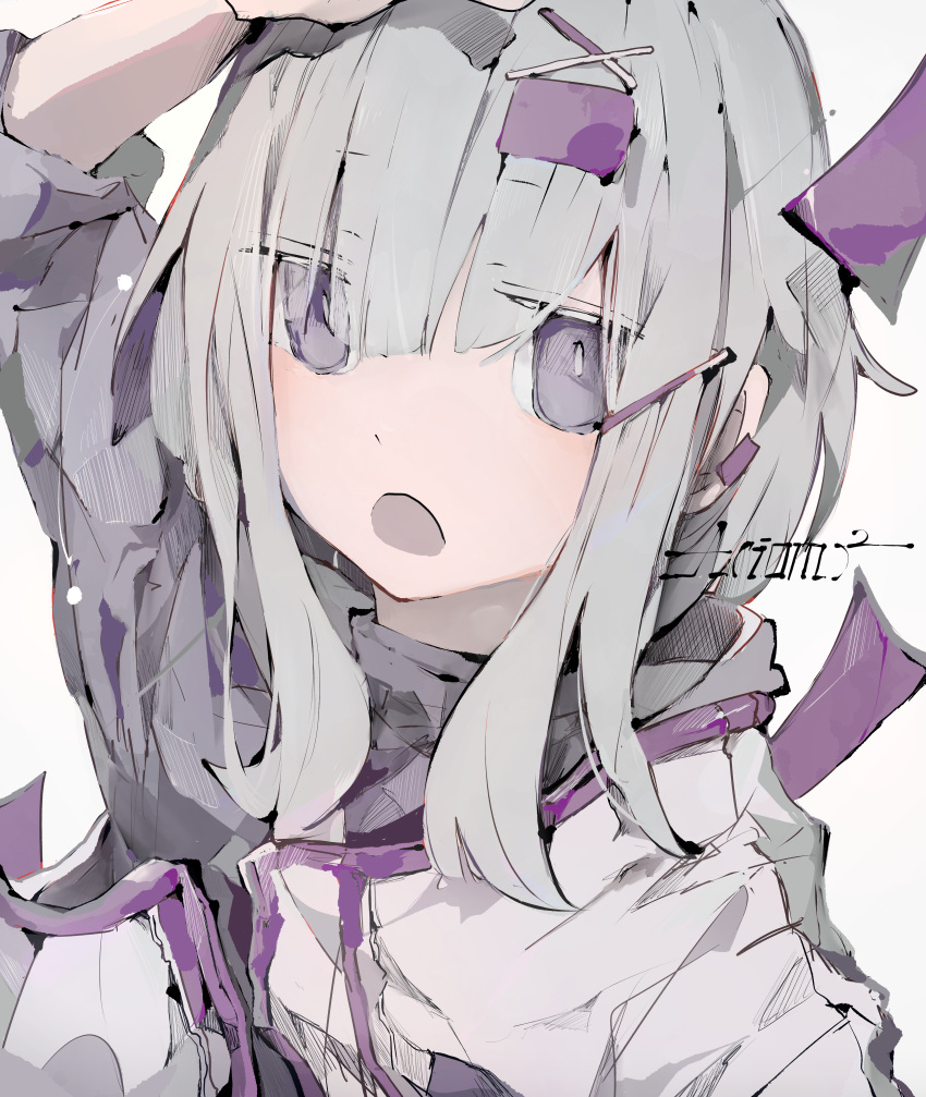 1girl :o absurdres aiamu_iamu arm_at_side blush dot_nose earclip grey_hair grey_jacket hair_between_eyes hair_ornament hand_up highres hood hood_down hooded_jacket jacket long_bangs long_hair long_sleeves looking_at_viewer open_mouth original portrait purple_eyes sidelocks simple_background solo straight_hair white_background x_hair_ornament