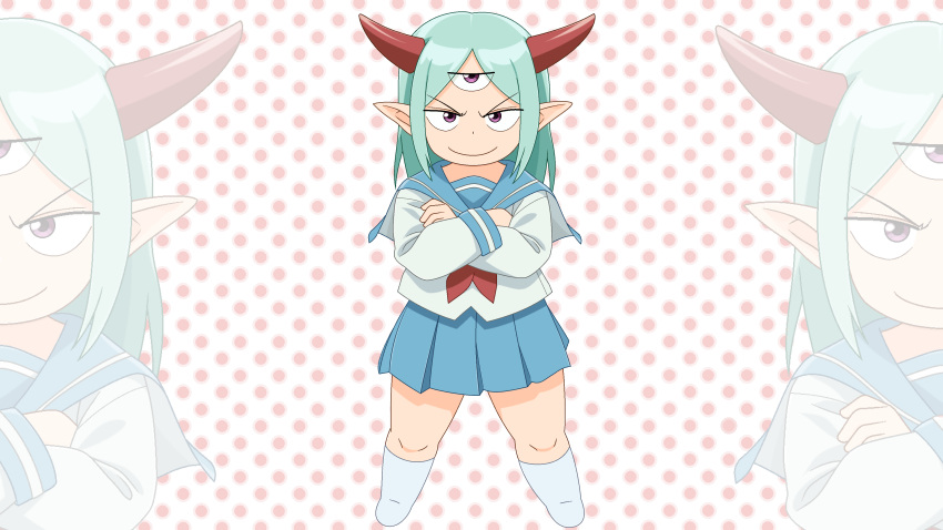 1boy absurdres aqua_hair babmouse blue_sailor_collar blue_skirt closed_mouth crossed_arms extra_eyes full_body highres horns jaggy_lines kneehighs legs_apart long_hair long_sleeves looking_at_viewer lv1_maou_to_one_room_yuusha making-of_available maou_(lv1_maou_to_one_room_yuusha) microsoft_paint_(medium) otoko_no_ko pleated_skirt pointy_ears polka_dot polka_dot_background purple_eyes red_horns sailor_collar skirt socks solo standing straight-on tsurime zoom_layer