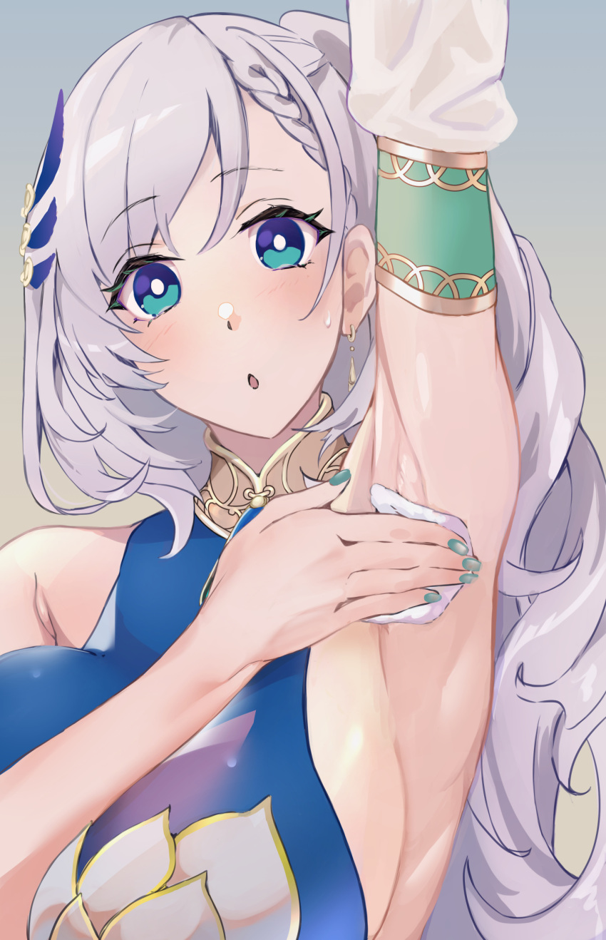 1girl aqua_nails arm_up armpits bare_shoulders blue_eyes blush breasts bright_pupils chestnut_mouth commentary detached_sleeves earrings feather_hair_ornament feathers hair_ornament highres hololive hololive_indonesia huge_breasts jewelry long_hair looking_at_viewer nail_polish outstretched_arm parted_lips pavolia_reine pavolia_reine_(1st_costume) qiandao_you simple_background sleeveless solo sweatdrop tareme tissue upper_body virtual_youtuber white_hair white_pupils wiping