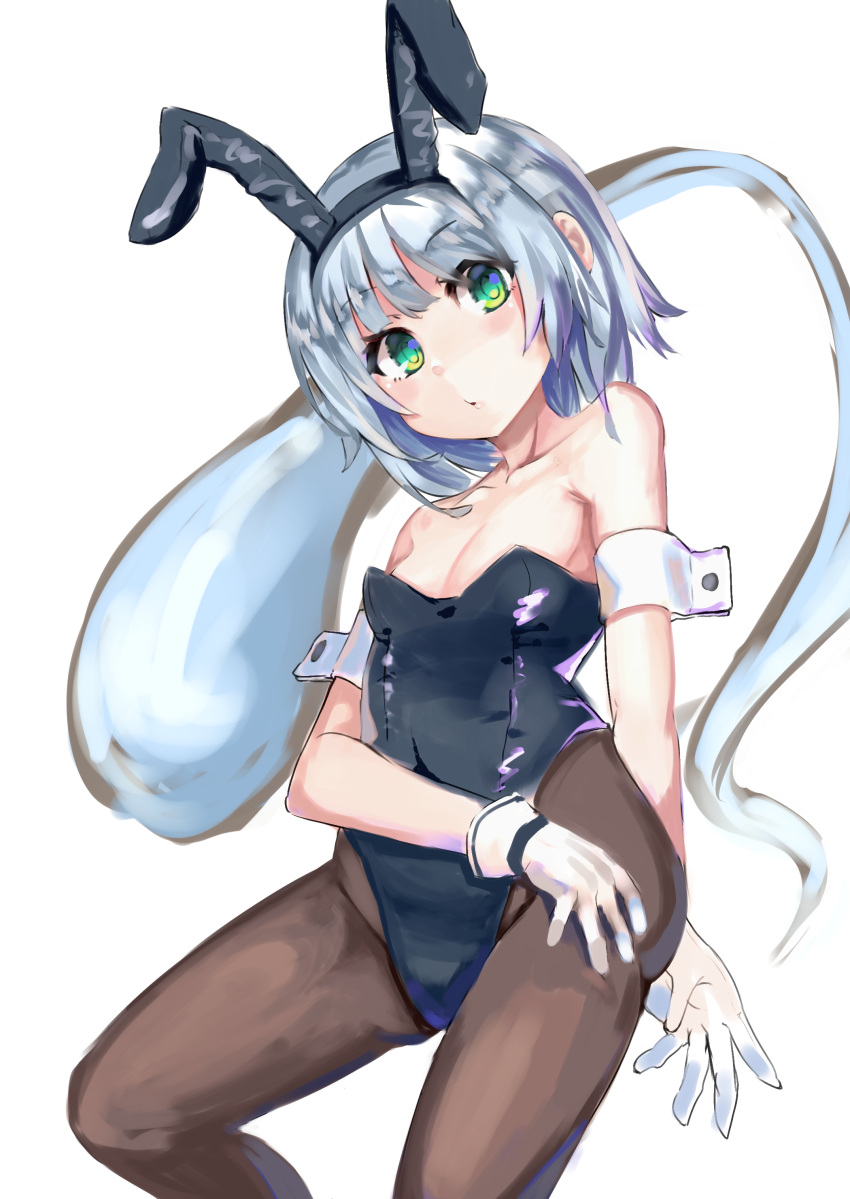 1girl absurdres alternate_costume bare_shoulders black_leotard black_pantyhose breasts closed_mouth collarbone feet_out_of_frame gloves green_eyes grey_hair head_tilt highres hitodama isemori konpaku_youmu konpaku_youmu_(ghost) leotard looking_at_viewer medium_breasts medium_hair pantyhose playboy_bunny simple_background solo touhou white_background white_gloves