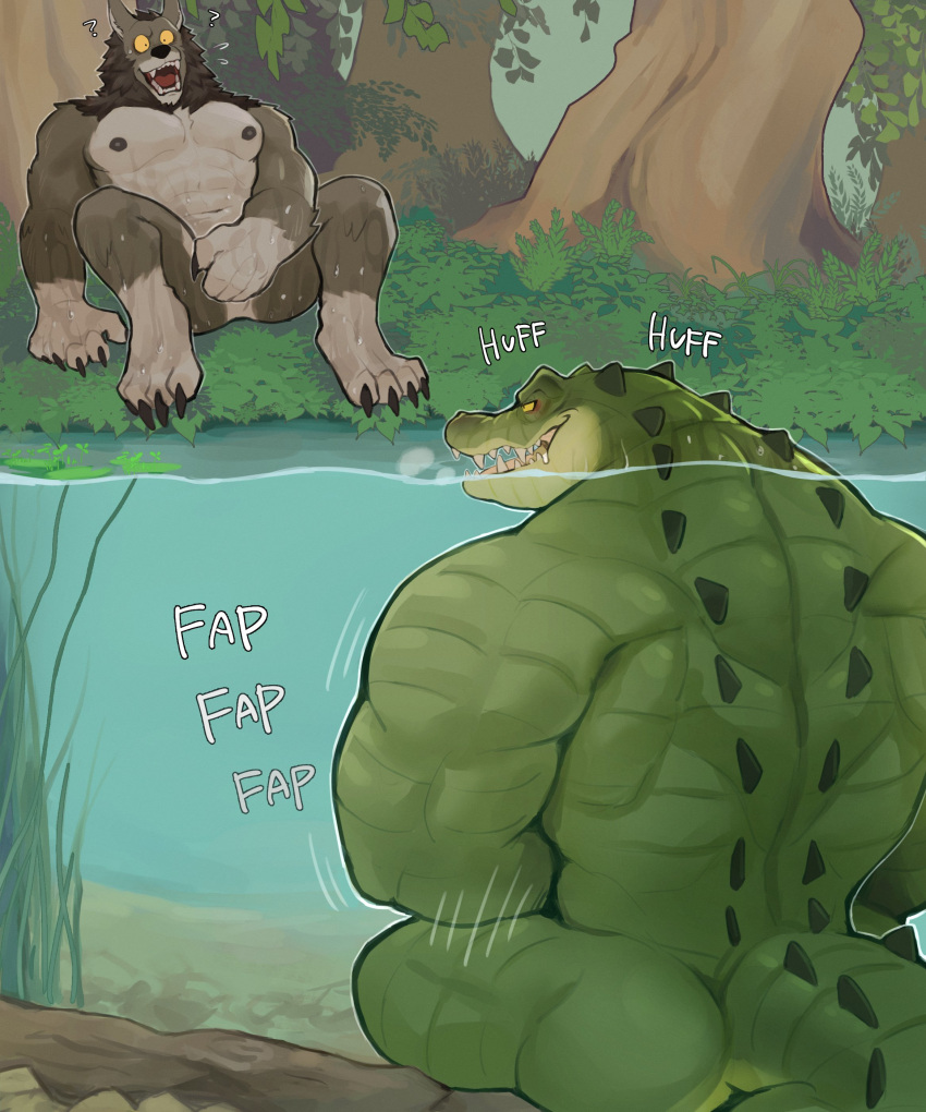 2023 absurd_res anthro biped black_body black_fur black_nipples black_pawpads canid canine claws covering covering_self crocodile crocodilian crocodylid detailed_background digital_media_(artwork) digitigrade duo finger_claws fur green_body green_scales grey_body grey_fur hi_res k0bit0wani male mammal masturbation multicolored_body multicolored_fur muscular muscular_anthro muscular_male nipples outside partially_submerged pawpads pecs question_mark reptile scales scalie sitting were werecanid werecanine werewolf wet wet_body white_body white_fur wide_eyed yellow_eyes