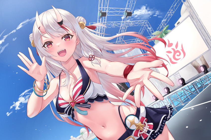 1girl absurdres bell bikini blue_bikini blue_skirt blue_sky bracelet breasts cleavage commentary_request cowboy_shot day double_bun dutch_angle gradient_hair hair_bell hair_bun hair_ornament hand_up highleg highleg_bikini highres hololive hololive_summer_2023_swimsuit horns jewelry leeshin0919 long_hair looking_at_viewer medium_breasts microskirt multicolored_hair nakiri_ayame navel oni_horns open_mouth outdoors pink_eyes pink_hair reaching reaching_towards_viewer red_bikini red_hair revision skirt sky smile solo stage stage_lights standing streaked_hair striped striped_bikini swimsuit teeth virtual_youtuber white_hair