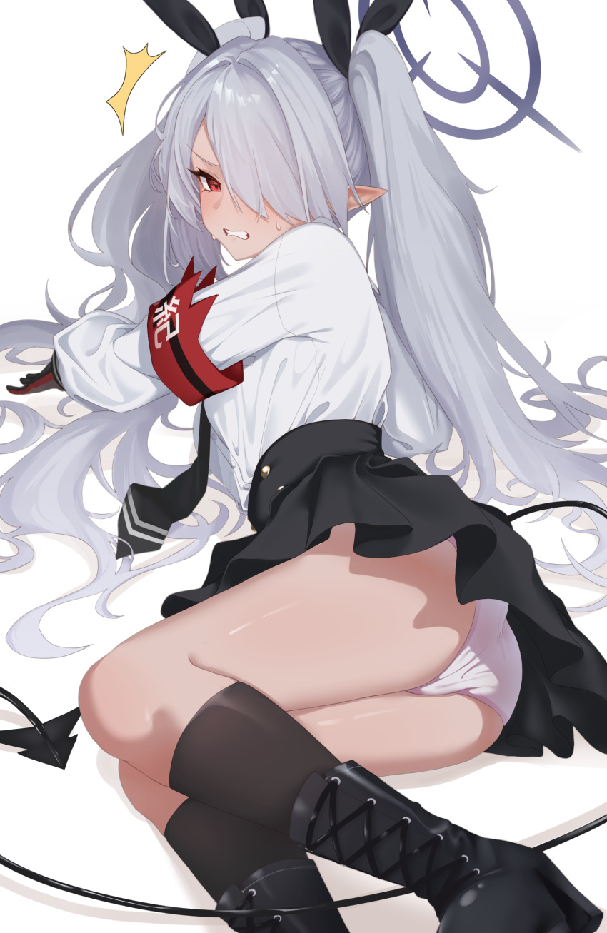 1girl absurdres ankle_boots armband ass black_necktie black_skirt blue_archive blush boots breasts clenched_teeth demon_girl demon_tail grey_hair halo high-waist_skirt highres iori_(blue_archive) kneehighs long_hair long_sleeves looking_at_viewer lying medium_breasts necktie on_side panties pantyshot pointy_ears red_armband red_eyes school_uniform shirt simple_background skirt socks solo sweatdrop tail teeth thighs twintails underwear very_long_hair white_background white_panties white_shirt yn_6262