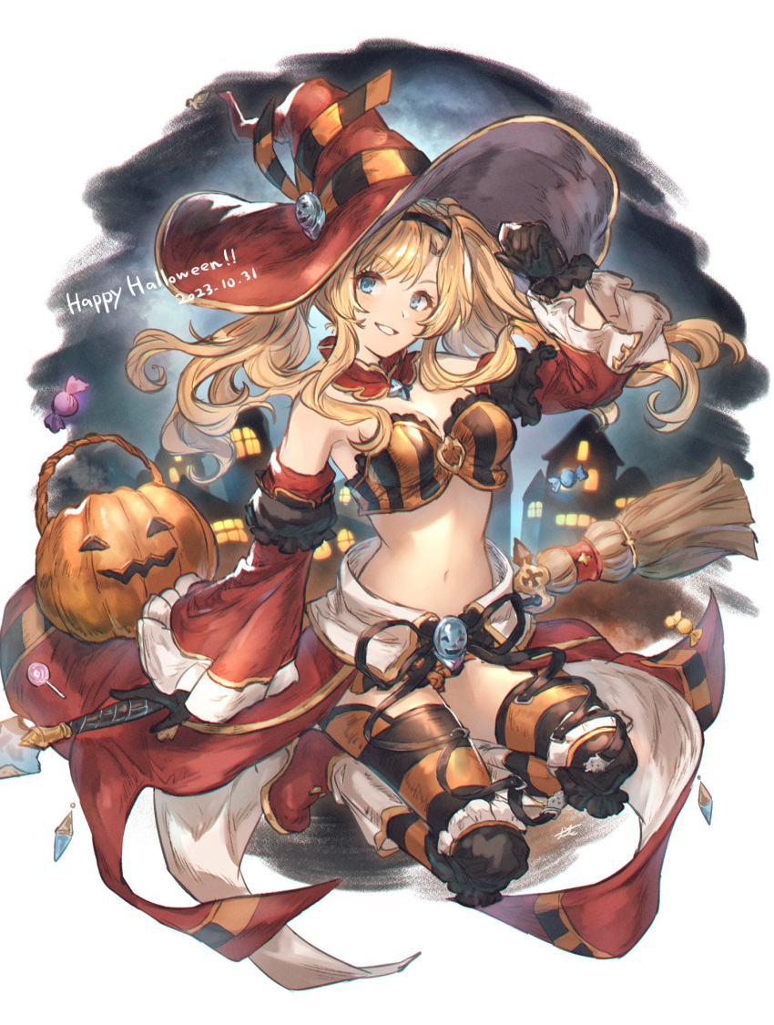 1girl :d alternate_costume black_gloves black_hairband blonde_hair blue_eyes broom candy detached_collar detached_sleeves food gloves granblue_fantasy hairband halloween happy_halloween hat highres looking_at_viewer midriff night night_sky official_alternate_costume polearm shimatani_azu sky smile spear stomach thighhighs twintails weapon witch_hat wrapped_candy zeta_(granblue_fantasy) zeta_(halloween)_(granblue_fantasy)