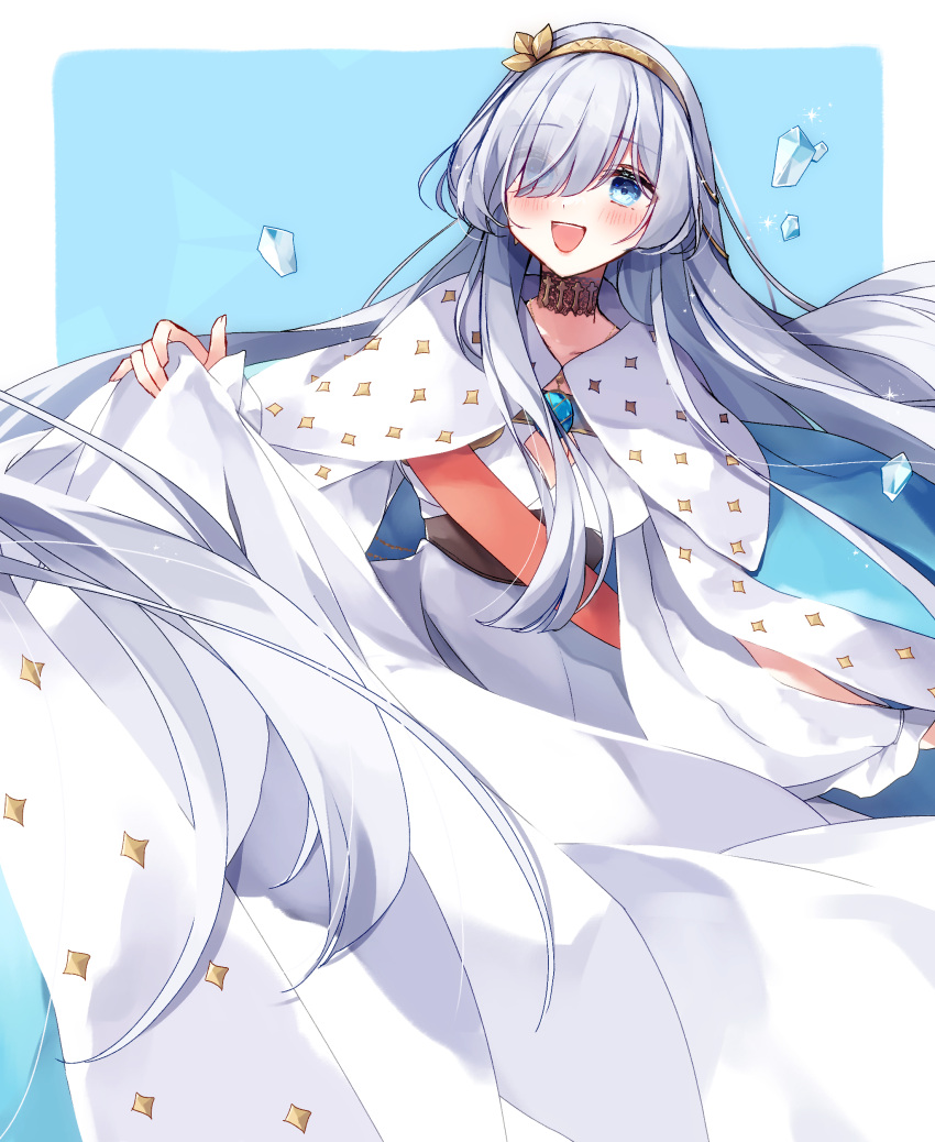 1girl absurdres anastasia_(fate) blue_cloak blue_eyes blush breasts cleavage cloak dress fate/grand_order fate_(series) fur_trim hair_over_one_eye hairband highres ice_crystal jewelry large_breasts long_hair looking_at_viewer misaki346 neck_ring necklace open_mouth pendant sash smile solo very_long_hair white_dress white_hair
