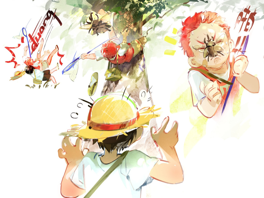 2boys aged_down bandaid bandaid_on_face beetle black_eyes black_hair brown_shorts bug bug_hunting butterfly_net child climbing_tree closed_eyes cropped_torso falling flying_sweatdrops hand_net hat highres holding holding_butterfly_net insect_cage male_focus mito_youhei multiple_boys multiple_views outdoors red_hair red_shirt rhinoceros_beetle sakuragi_hanamichi shirt short_hair shorts slam_dunk_(series) straw_hat summer sweatdrop tree two-tone_shirt vidave1 white_shirt white_shorts