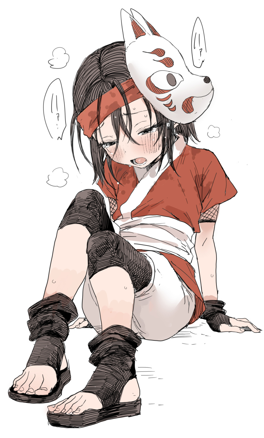 1girl absurdres black_gloves black_hair commentary_request fingerless_gloves fox_mask gloves hair_between_eyes headband heavy_breathing highres japanese_clothes kunoichi_tsubaki_no_mune_no_uchi mask mask_on_head red_headband red_shirt rindou_(kunoichi_tsubaki_no_mune_no_uchi) shirt short_hair short_sleeves simple_background sitting solo sweat toes wet wet_clothes white_background yamamoto_souichirou
