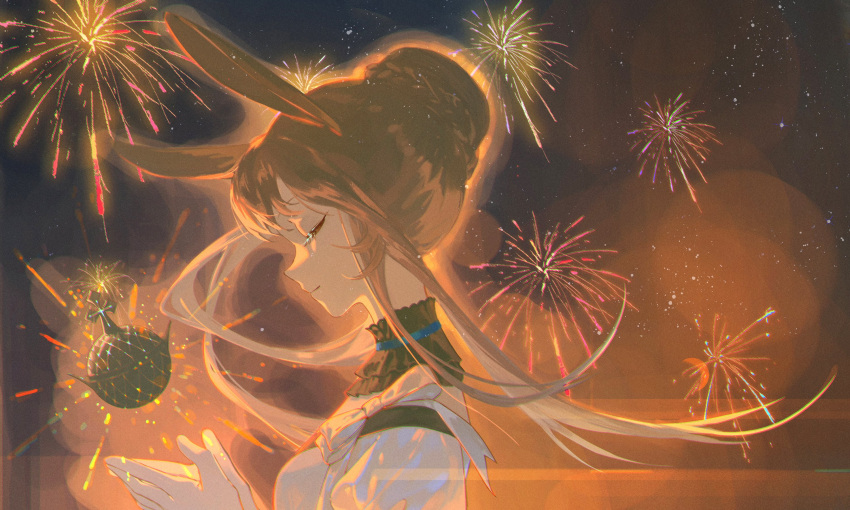 1girl amiya_(arknights) animal_ears arknights closed_eyes dress facing_down fireworks hair_bun hands_up highres holy_hand_grenade long_hair lubusi night outdoors portrait rabbit_ears rabbit_girl sidelocks solo white_dress