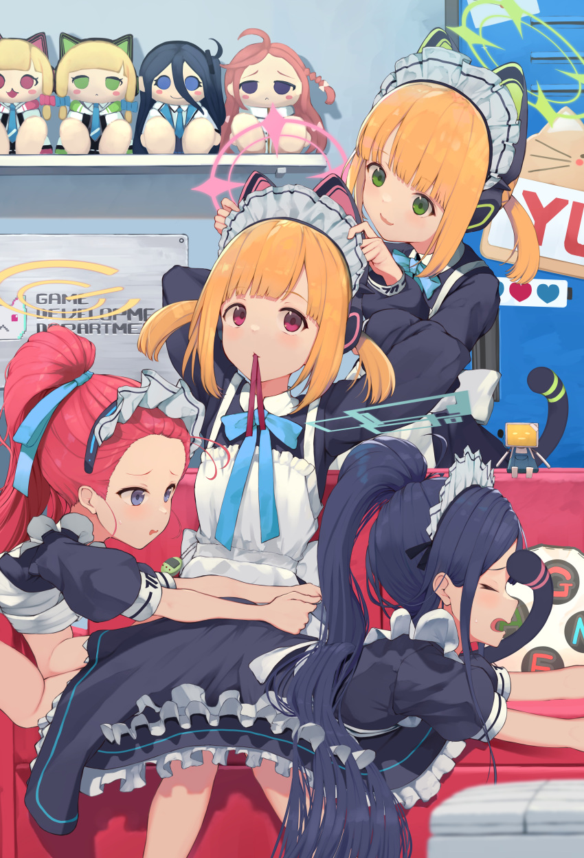 4girls absurdres animal_ears apron aris_(blue_archive) aris_(maid)_(blue_archive) black_hair blonde_hair blue_archive cat_ears character_doll commentary_request cropped_torso dressing dressing_another fake_animal_ears game_development_department_(blue_archive) green_eyes highres indoors long_hair long_sleeves maid midori_(blue_archive) midori_(maid)_(blue_archive) momoi_(blue_archive) momoi_(maid)_(blue_archive) multiple_girls piisu ponytail red_eyes red_hair siblings sisters twins very_long_hair white_apron yuzu_(blue_archive) yuzu_(maid)_(blue_archive)