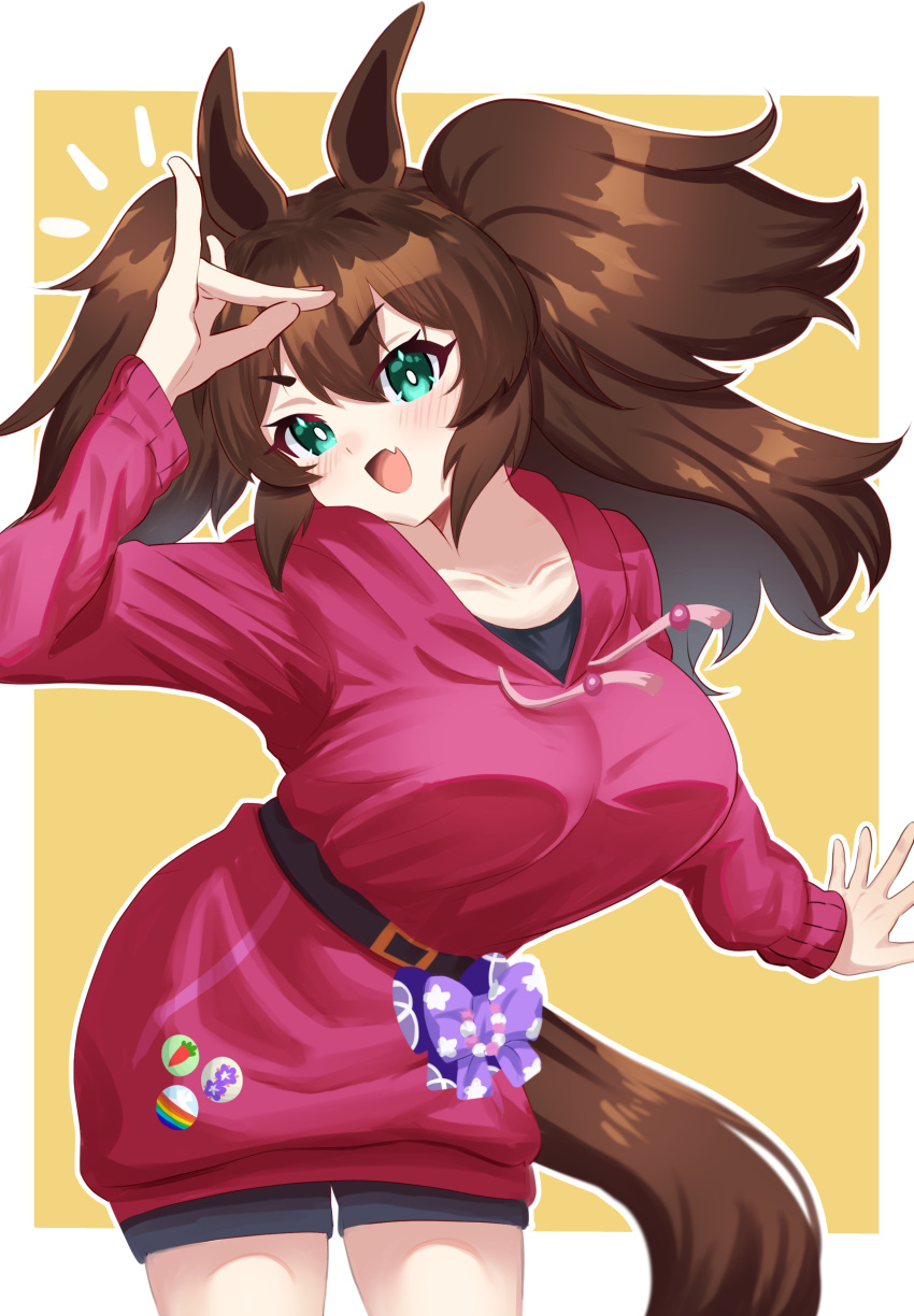 1girl absurdres animal_ears aqua_eyes badge belt black_undershirt blush breasts brown_hair button_badge fang fox_shadow_puppet hakurogi highres hood hoodie horse_ears horse_girl horse_tail inari_one_(umamusume) large_breasts light_purple_ribbon looking_at_viewer open_mouth pink_hoodie purple_ribbon ribbon simple_background skin_fang solo tail two_side_up umamusume v-shaped_eyebrows yellow_background