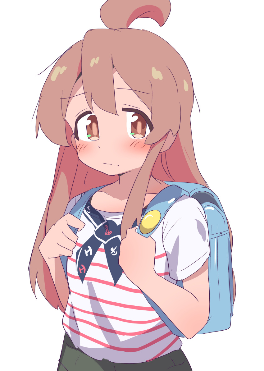 1girl :| absurdres ahoge alternate_costume anchor_print backpack bag bare_arms brown_eyes brown_hair closed_mouth commentary hair_between_eyes hatafuta highres holding_strap light_blush long_hair looking_at_viewer onii-chan_wa_oshimai! oyama_mahiro shirt short_sleeves simple_background sketch solo striped striped_shirt upper_body white_background