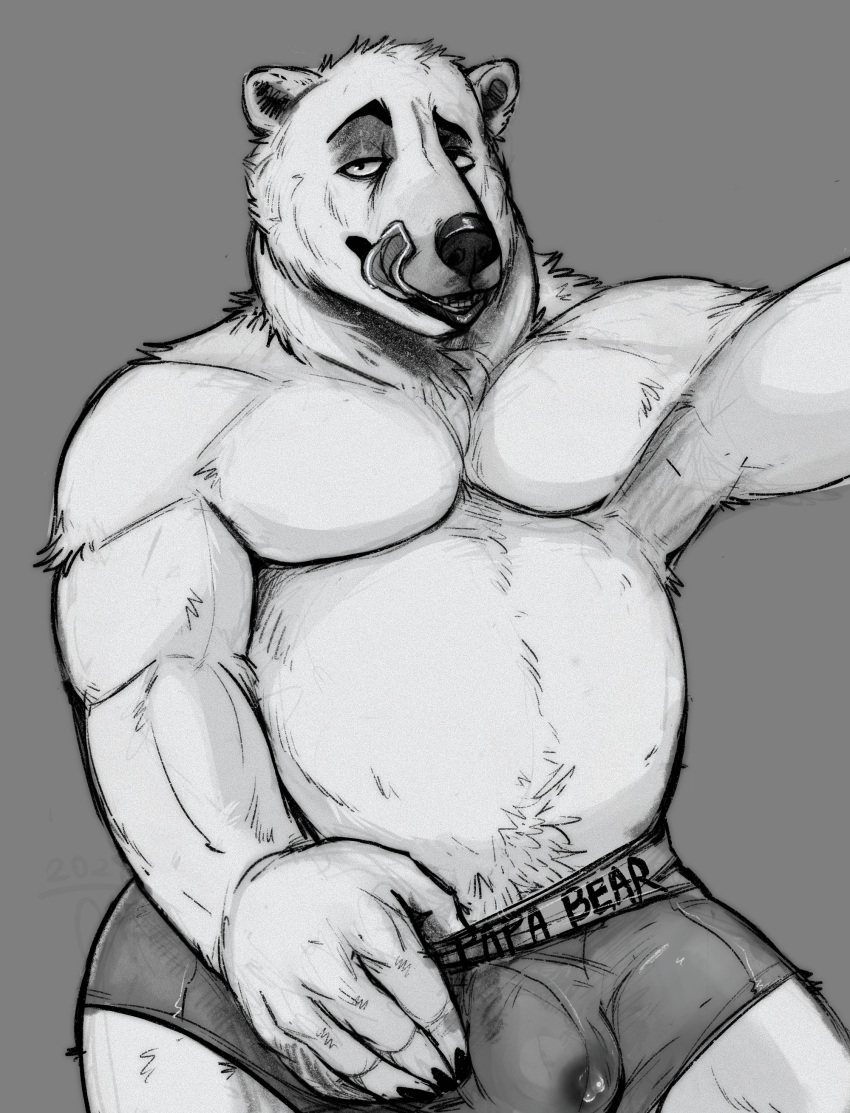 absurd_res anthro bear belly black_nose bodily_fluids boxers_(clothing) chubby_anthro chubby_male claws clothing digital_media_(artwork) finger_in_underwear fur genital_fluids hi_res licking licking_lips licking_own_lips looking_at_viewer male mammal olipieseq_(artist) polar_bear rihad selfie simple_background slightly_chubby solo tongue tongue_out underwear ursine wet wet_clothing white_body