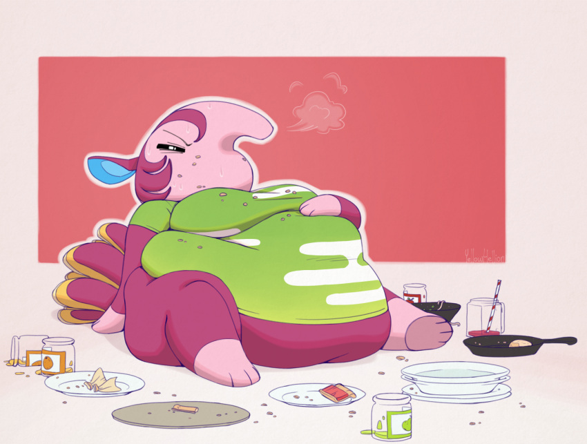 2023 after_eating animal_crossing anteater anthro belly big_belly bodily_fluids breasts clothed clothing crumbs female food fur hand_on_stomach mammal nintendo obese obese_anthro obese_female overweight overweight_anthro overweight_female pilosan pink_body pink_fur simple_background snooty_(animal_crossing) solo stuffing sweat xenarthran yellowhellion