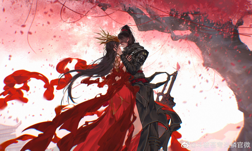 1boy 1girl absurdres black_hair building cai_lin_(doupo_cangqiong) cherry_blossoms closed_mouth cui_fa_lanzhou doupo_cangqiong dress face-to-face falling_petals hair_tie hand_on_another's_chest hand_on_another's_face highres looking_at_another outdoors petals planted planted_sword red_dress second-party_source streamers sword tree weapon white_sky xiao_yan_(doupo_cangqiong)