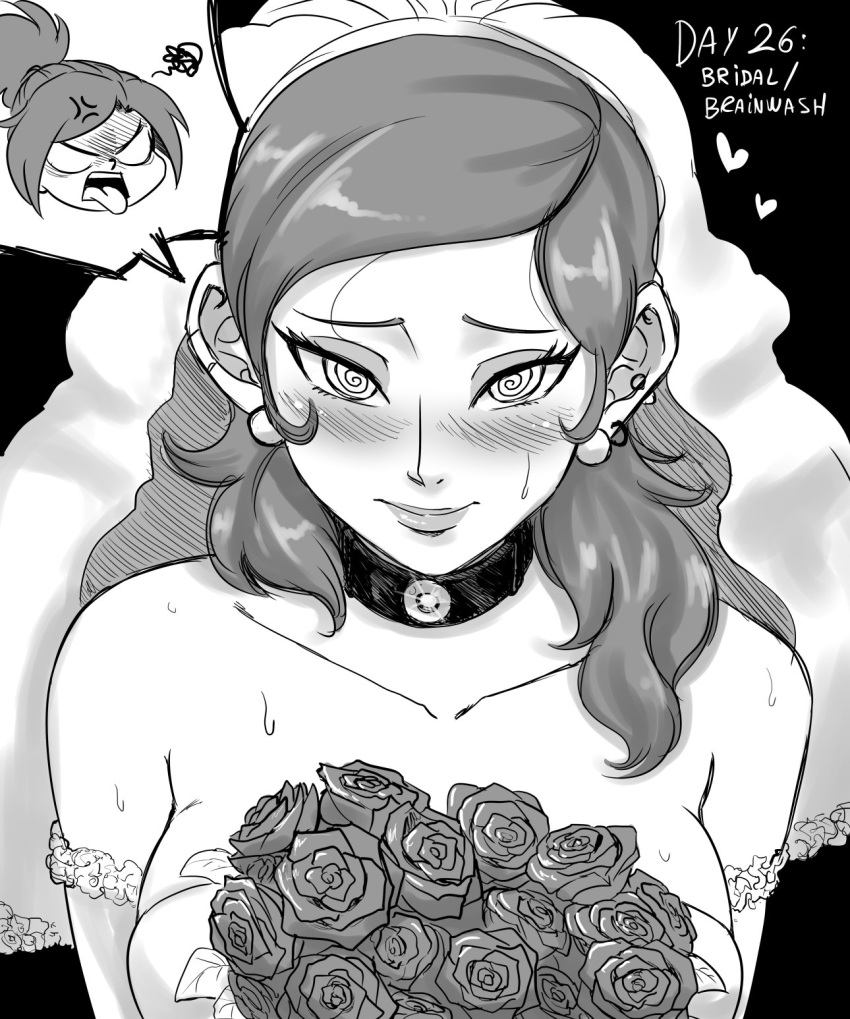 1girl @_@ alternate_hairstyle blank_eyes body_control bouquet bridal_veil collar commentary_request dress ear_piercing earrings flower greyscale heart highres issa_castagno issa_castagno_(character) jewelry mind_control monochrome off-shoulder_dress off_shoulder original piercing ponytail rose solo spanish_commentary spoken_character squiggle sweat tongue tongue_out veil wedding_dress