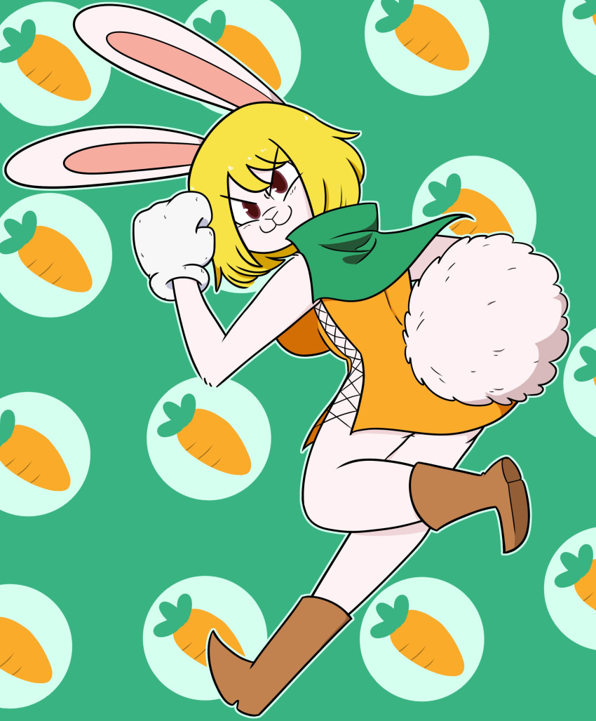 &gt;:3 2019 4_fingers :3 absurd_res action_pose anthro arm_tuft big_breasts biped black_eyes blonde_hair boots breasts brown_boots brown_clothing brown_footwear capelet carrot carrot_(one_piece) carrot_background clothed clothing cotton_tail digital_drawing_(artwork) digital_media_(artwork) dress elbow_tuft female fingers food footwear full-length_portrait fur gloves green_background green_capelet hair handwear hi_res kabula_(artist) lagomorph leporid looking_at_viewer mammal minkmen_(one_piece) one_piece orange_clothing orange_dress pattern_background pink_inner_ear plant portrait pose rabbit rear_view running simple_background solo tail three-quarter_view tuft vegetable white_body white_clothing white_ears white_fur white_gloves white_handwear white_tail white_tuft