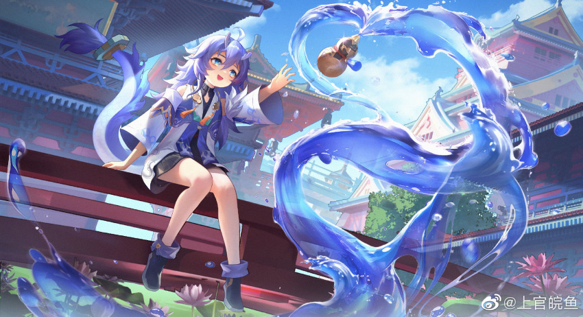 1girl :d ahoge ankle_boots architecture arm_support arm_up bailu_(honkai:_star_rail) black_dress black_footwear blue_eyes blue_sky boots chunhwei_lee cloud detached_sleeves dragon_girl dragon_horns dragon_tail dress dutch_angle east_asian_architecture flower full_body gourd highres honkai:_star_rail honkai_(series) horns hydrokinesis long_hair looking_up lotus lotus_leaf on_railing pointy_ears purple_hair railing sitting sky sleeveless sleeveless_dress smile solo tail tree vest water weibo_logo weibo_username white_sleeves white_vest wide_sleeves