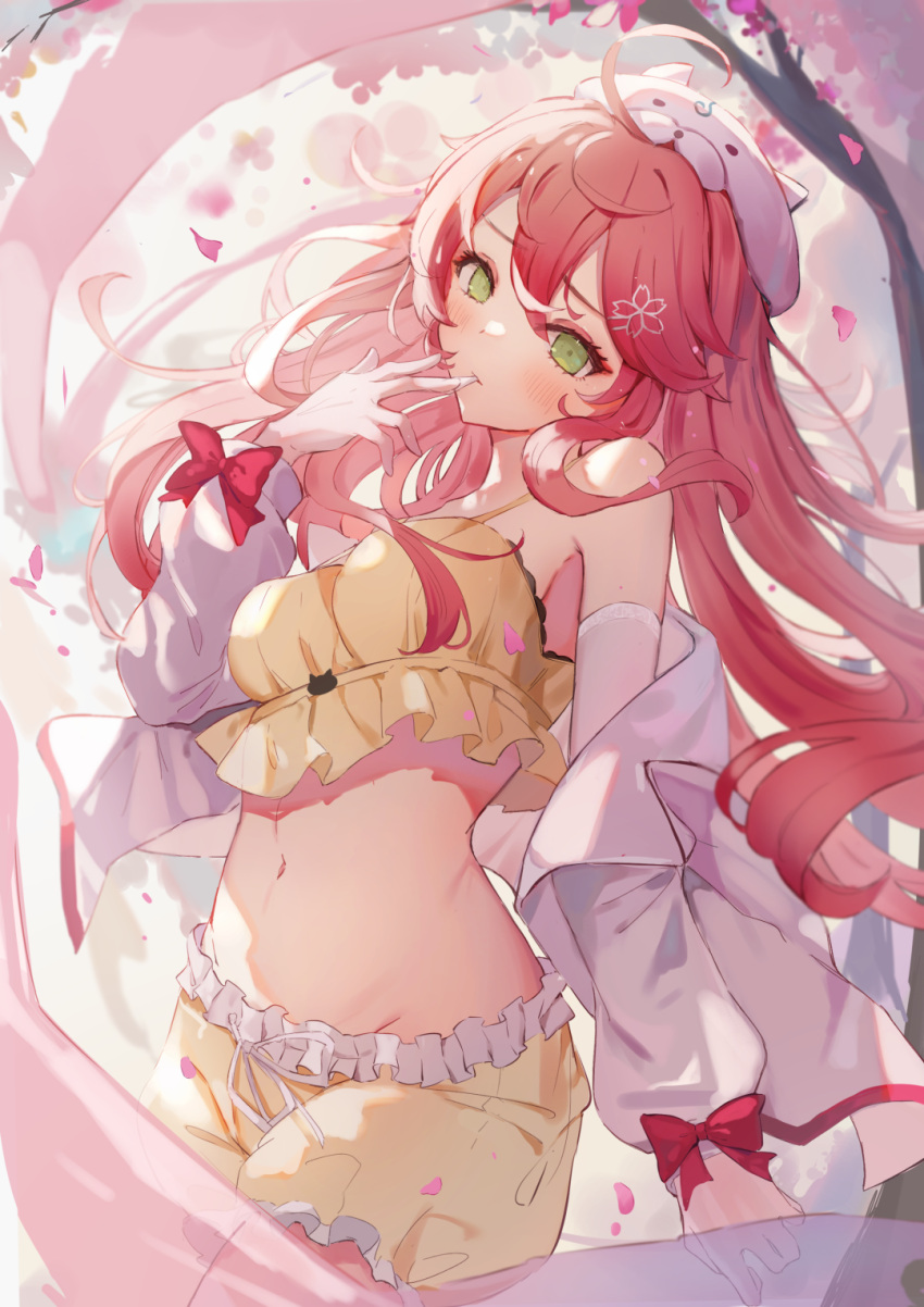 1girl ahoge bare_shoulders blush bow bowtie breasts crop_top detached_sleeves frilled_shirt frilled_shorts frills green_eyes hair_between_eyes hair_ornament highres hololive large_breasts long_hair long_sleeves looking_at_viewer miakiuehashi navel pink_hair sakura_miko shirt shorts solo spaghetti_strap virtual_youtuber