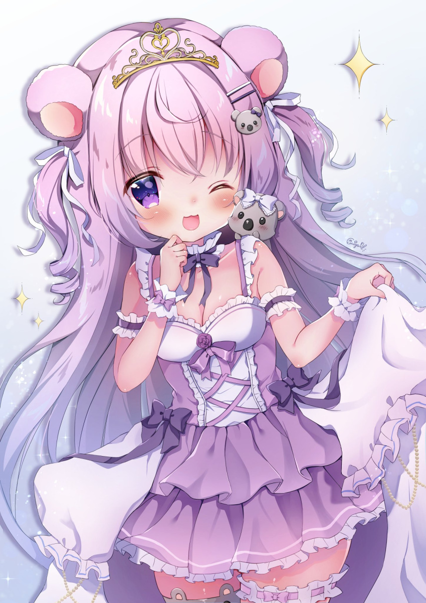 1girl :3 animal_ears animal_on_shoulder armband bear_ears bear_hair_ornament blush breasts character_request check_copyright choker cleavage copyright_request cowboy_shot dress frilled_armband frilled_choker frills hair_ornament hair_ribbon hairclip hanasakichu highres indie_virtual_youtuber koala koala_hair_ornament layered_dress long_hair one_eye_closed open_mouth purple_eyes ribbon skirt_hold sleeveless sleeveless_dress small_breasts smile solo tiara two_side_up underbust very_long_hair virtual_youtuber wrist_cuffs
