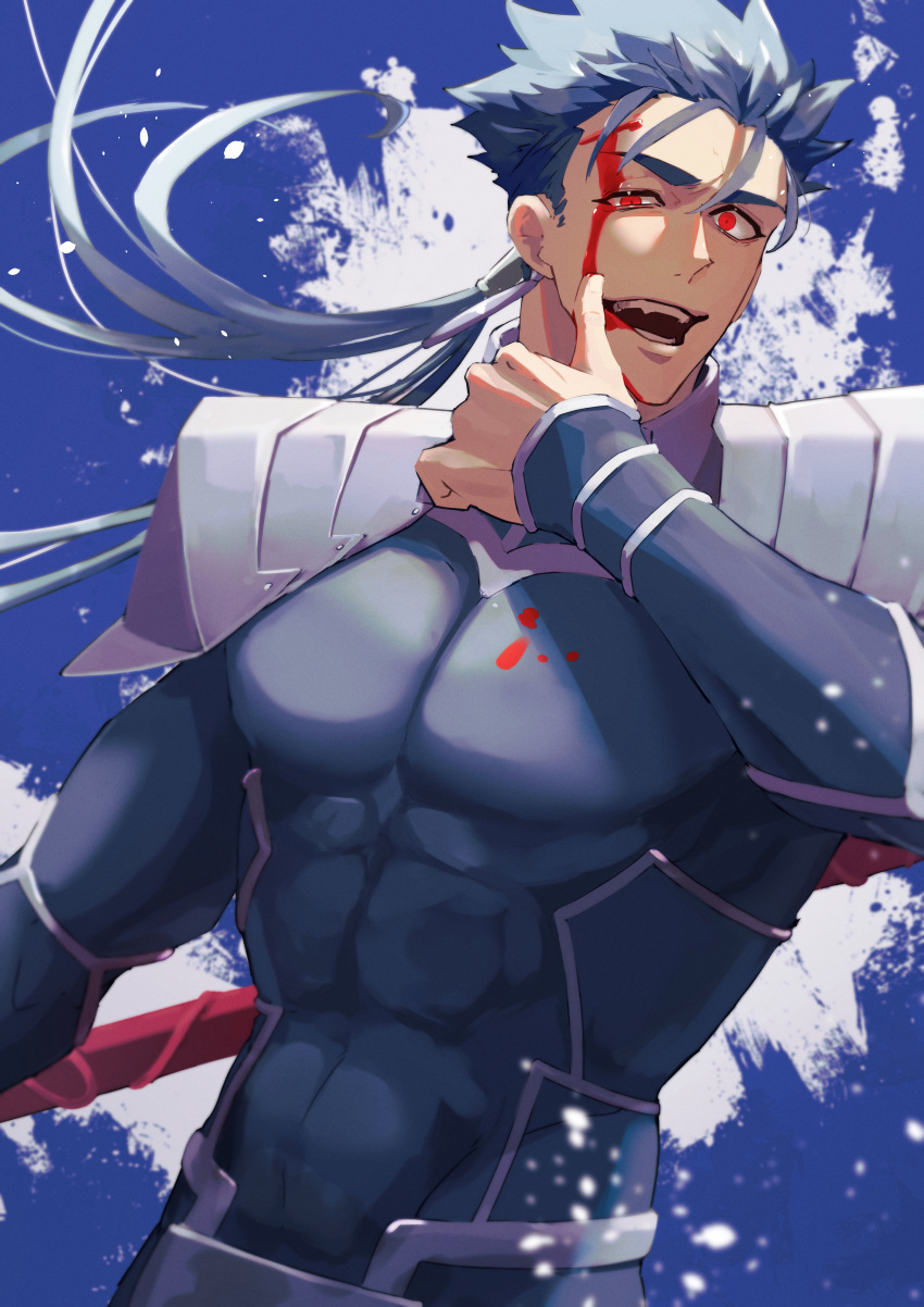 1boy abs absurdres armor blood blood_on_face blue_background blue_hair cu_chulainn_(fate) cu_chulainn_(fate/stay_night) earrings fate/stay_night fate_(series) gae_bolg_(fate) haruakira highres holding jewelry large_pectorals long_hair looking_at_viewer male_focus muscular muscular_male pauldrons pectorals polearm ponytail red_eyes shoulder_armor smile solo spear weapon wiping_blood