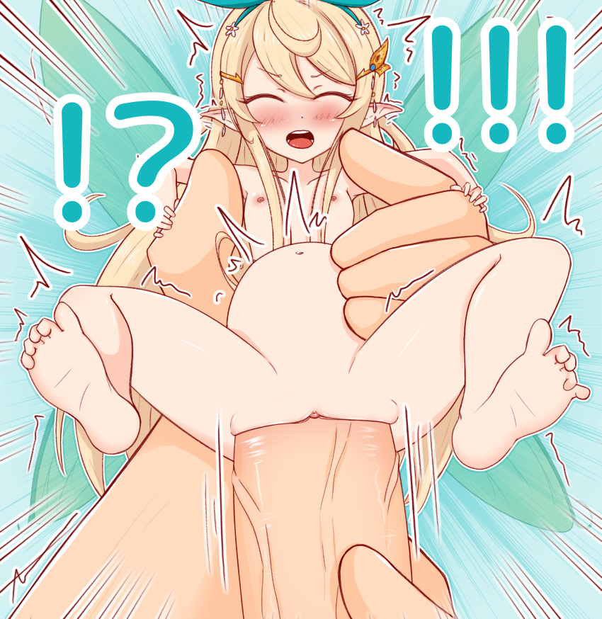1boy 1girl barefoot blonde_hair breasts completely_nude erection fairy fairy_wings hetero highres holding kisaragi_1go labia_stretching mini_person minigirl nijisanji nijisanji_en non-web_source nude penis pomu_rainpuff sex size_difference small_breasts stretching trembling vaginal wings