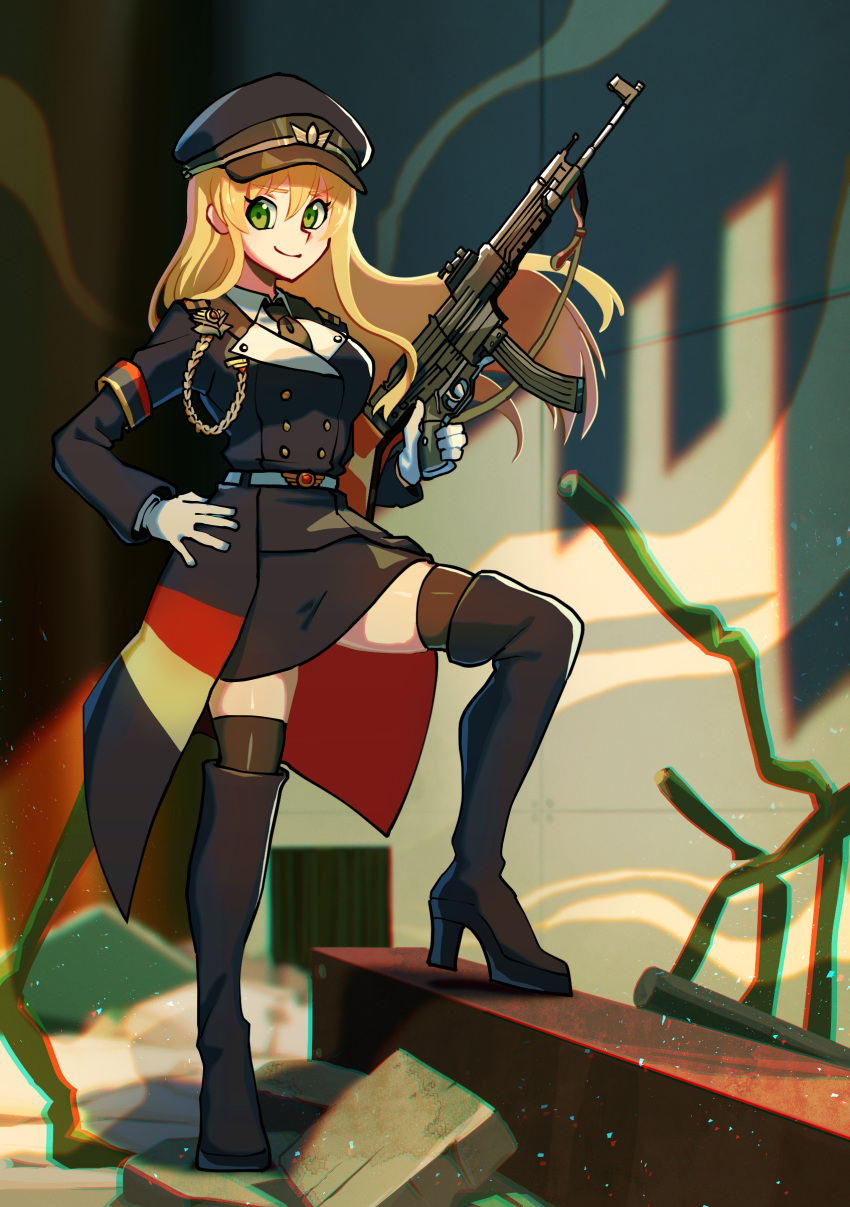 1girl absurdres armband assault_rifle blonde_hair boots commission commissioner_upload girls'_frontline gloves green_eyes gun hat highres iganashi1 kneehighs military_hat military_uniform necktie rifle skeb_commission socks stg44 stg44_(girls'_frontline) uniform weapon white_gloves