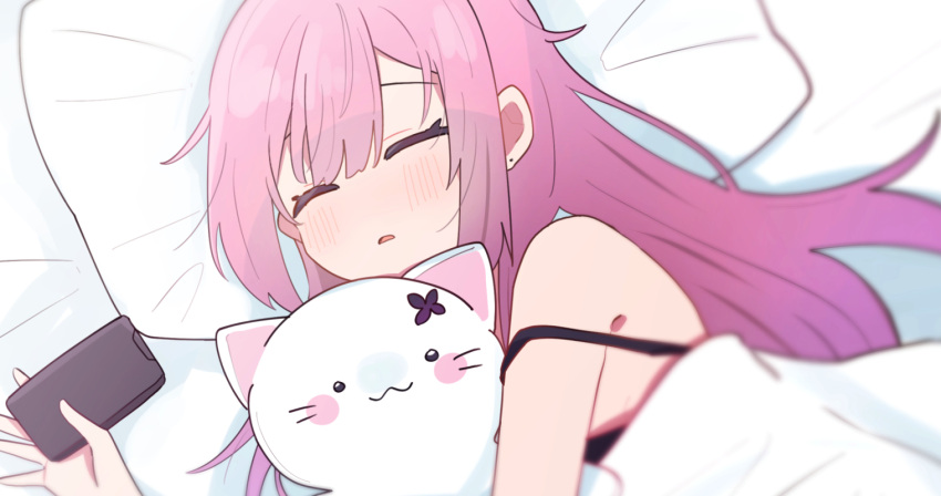 :3 animal_ears bed_sheet blanket blush_stickers cat cat_ears cellphone ear_piercing holding holding_stuffed_toy long_hair lying mikeneko_(utaite) niconico on_side phone piercing pillow pink_hair sakana_(saka11205) sidelocks sleeping strap_slip stuffed_toy white_cat