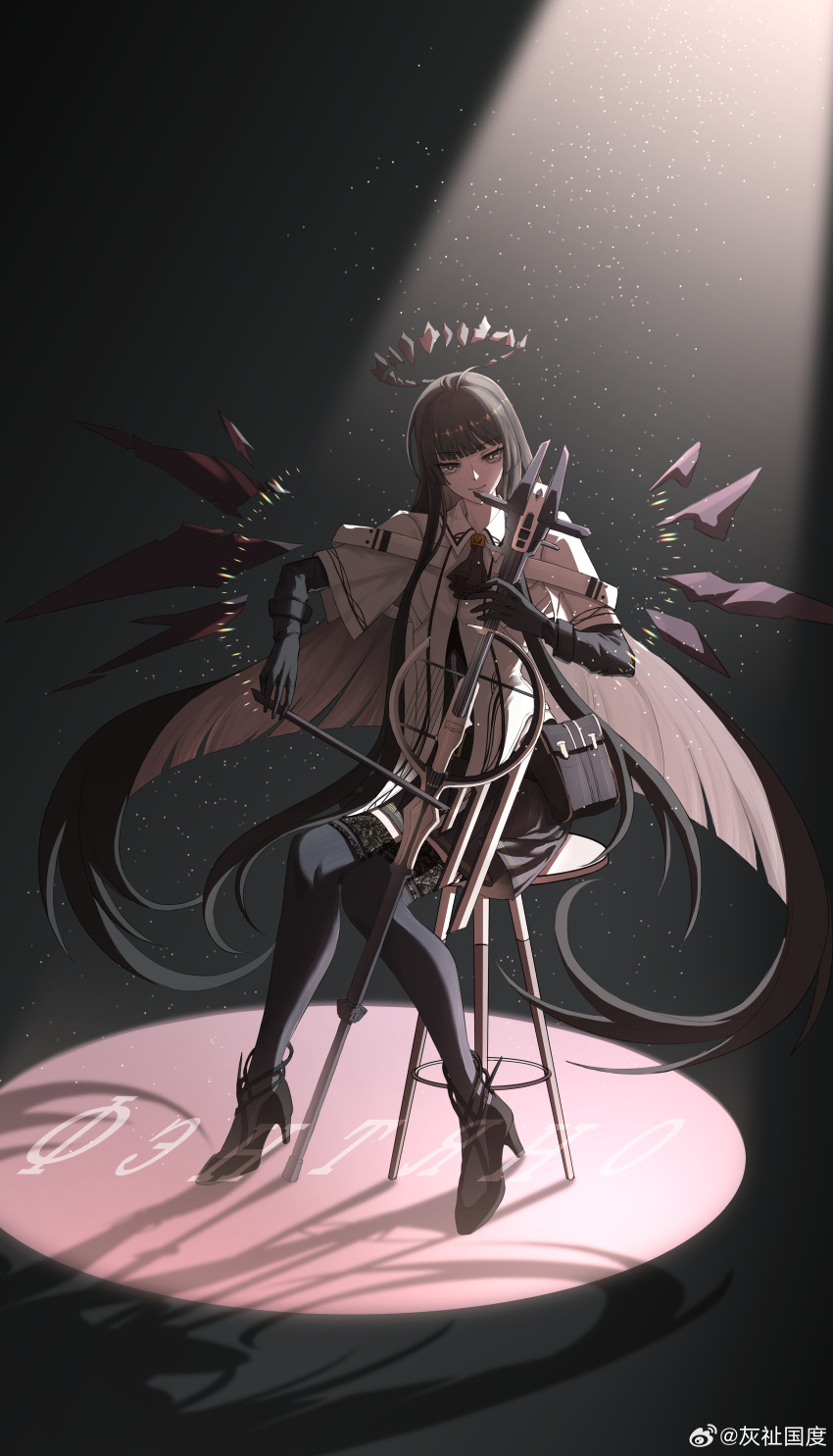 1girl absurdly_long_hair absurdres antenna_hair arknights artist_name ascot belt belt_buckle belt_pouch black_ascot black_belt black_bustier black_footwear black_garter_straps black_gloves black_hair black_halo black_pouch black_skirt black_thighhighs black_wings blunt_bangs bow_(music) breasts bright_pupils broken_halo buckle bustier cello chinese_commentary chinese_text closed_mouth collared_jacket colored_inner_hair commentary_request dark_halo detached_wings dress_shirt drop_shadow energy_wings eyelashes floating_hair from_side full_body garter_straps gloves gradient_background grey_background grey_eyes grey_hair grey_shirt halo hands_up head_tilt high_heels highres hime_cut holding holding_bow_(music) holding_instrument holding_violin instrument invisible_floor jacket layered_sleeves legs_together light_particles light_smile lips long_hair long_sleeves looking_at_viewer looking_to_the_side miniskirt multicolored_hair music on_stool pale_skin playing playing_instrument pleated_skirt pouch shade shadow shirt short_over_long_sleeves short_sleeved_jacket short_sleeves sidelocks sitting skirt solo spotlight stool straight_hair strappy_heels thighhighs two-tone_hair very_long_hair violin virtuosa_(arknights) watermark weibo_7626794166 weibo_logo weibo_username white_belt white_jacket white_pupils wide_sleeves wing_collar wings wooden_stool zettai_ryouiki