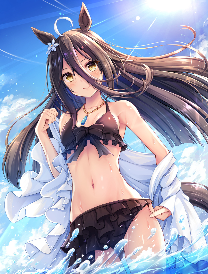 1girl absurdres ahoge akashio_(loli_ace) animal_ears bare_shoulders bikini black_bikini black_hair blue_flower blue_sky blush breasts brown_eyes closed_mouth cloud commentary_request day flower frilled_bikini frills hair_between_eyes hair_flower hair_ornament hand_up highres horse_ears horse_girl horse_tail jacket long_hair long_sleeves looking_at_viewer manhattan_cafe_(umamusume) navel open_clothes open_jacket outdoors sky sleeves_past_wrists small_breasts smile solo swimsuit tail umamusume very_long_hair white_jacket wide_sleeves