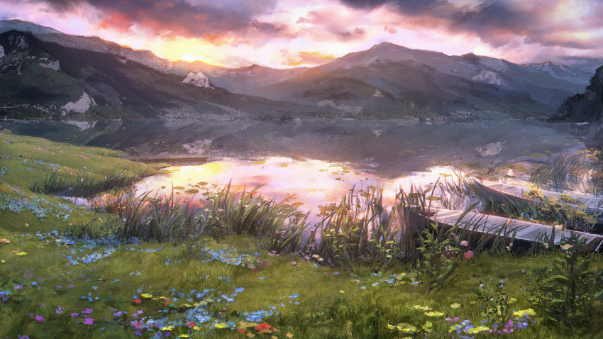 absurdres blue_flower boat chinese_commentary cloud cloudy_sky commentary_request flower girls'_frontline grass highres jetty lake lily_pad manha_utsutsuki mountainous_horizon no_humans official_art outdoors purple_flower reflection reflective_water scenery sky tall_grass twilight water watercraft yellow_flower