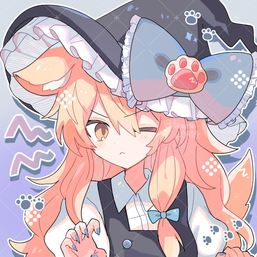 1girl animal_ears black_headwear black_vest blonde_hair blue_bow blue_nails blush bow closed_mouth collared_shirt fingernails hair_between_eyes hat hat_bow highres kemonomimi_mode kirisame_marisa long_hair nail_polish one_eye_closed revision shirocha_tei shirt solo tail touhou twitter_username upper_body vest white_shirt witch_hat yellow_eyes