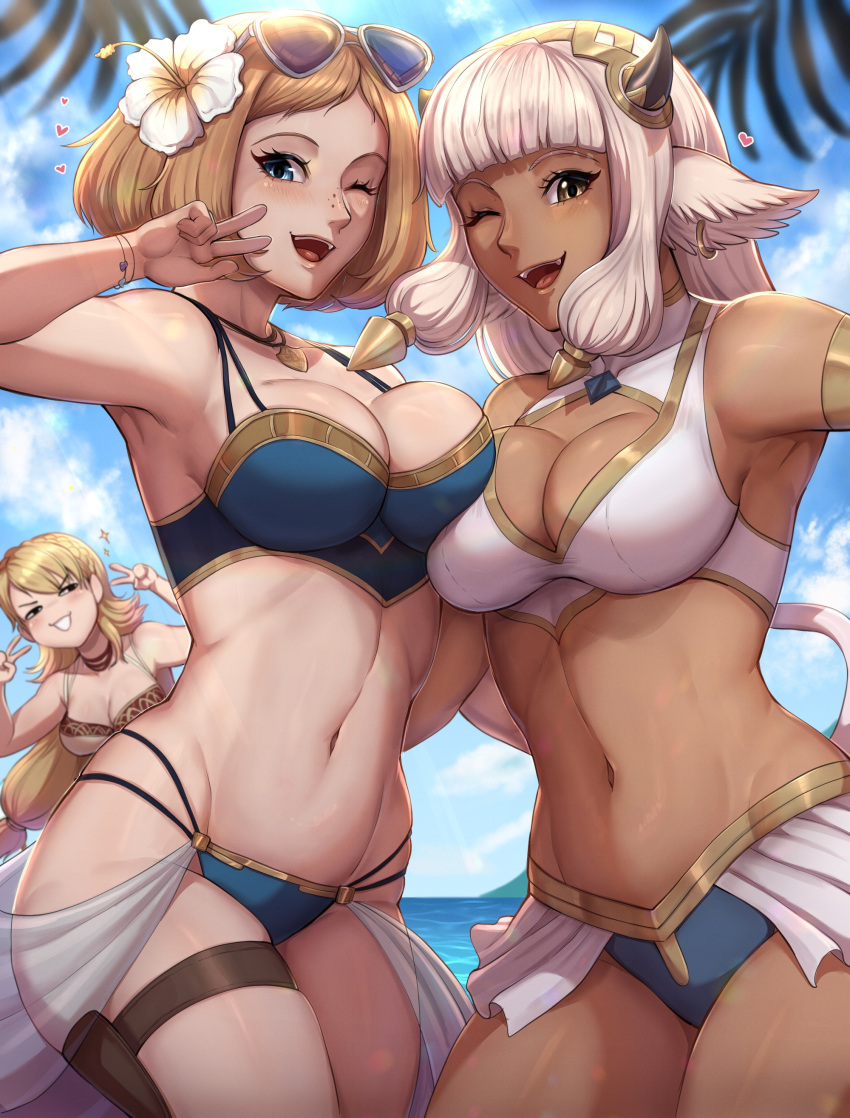 3girls :d ;d absurdres alternate_costume animal_ears ash_(fire_emblem) bare_shoulders beach blonde_hair blue_sky breasts brown_eyes brown_hair cleavage cow_ears cow_girl cow_tail dark-skinned_female dark_skin ear_piercing evomanaphy eyewear_on_head fire_emblem fire_emblem_cipher fire_emblem_heroes flower freckles grey_hair grin groin hair_flower hair_ornament heart highres horns jewelry kiran_(female)_(fire_emblem) kiran_(fire_emblem) large_breasts long_hair looking_at_viewer multiple_girls navel official_alternate_costume one_eye_closed piercing sharena_(fire_emblem) short_hair sky smile sunglasses tail