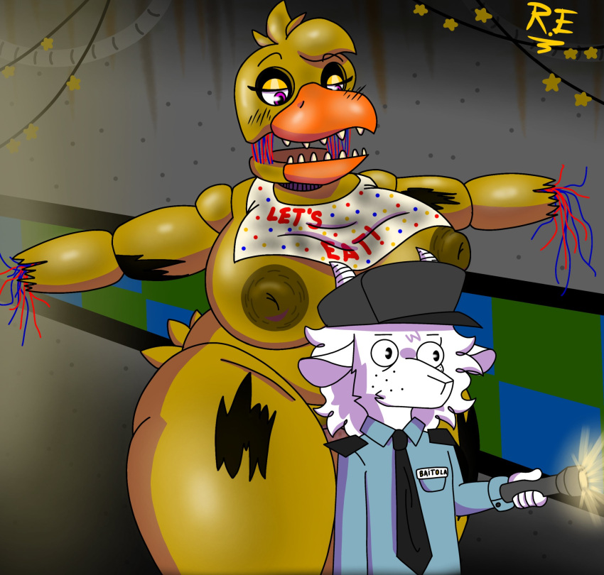 animatronic anthro avian big_breasts big_female bird bovid bow_tie breasts caprine chicken female five_nights_at_freddy's five_nights_at_freddy's_2 flashlight fur galliform gallus_(genus) goat hi_res machine male male/female mammal night_guard phasianid raul_maduro raul_maduro_(oc) robot scottgames size_difference small_dom_big_sub smaller_male thick_thighs white_body white_fur wire withered_chica_(fnaf) yellow_body