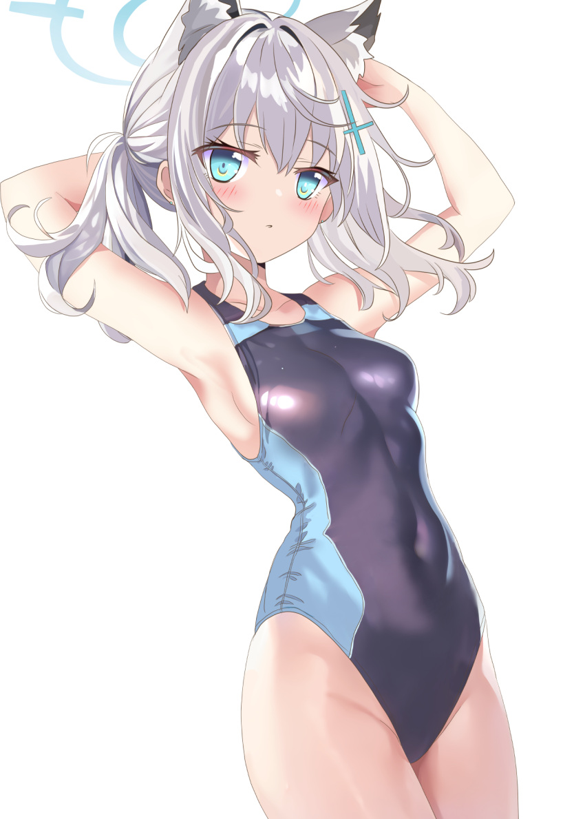 1girl animal_ear_fluff animal_ears arms_behind_head aruka_(alka_p1) black_one-piece_swimsuit blue_archive blue_eyes breasts competition_swimsuit covered_navel cowboy_shot cross_hair_ornament extra_ears grey_hair hair_ornament halo highres looking_at_viewer low_ponytail medium_breasts medium_hair mismatched_pupils multicolored_clothes multicolored_swimsuit one-piece_swimsuit shiroko_(blue_archive) shiroko_(swimsuit)_(blue_archive) solo swimsuit wolf_ears