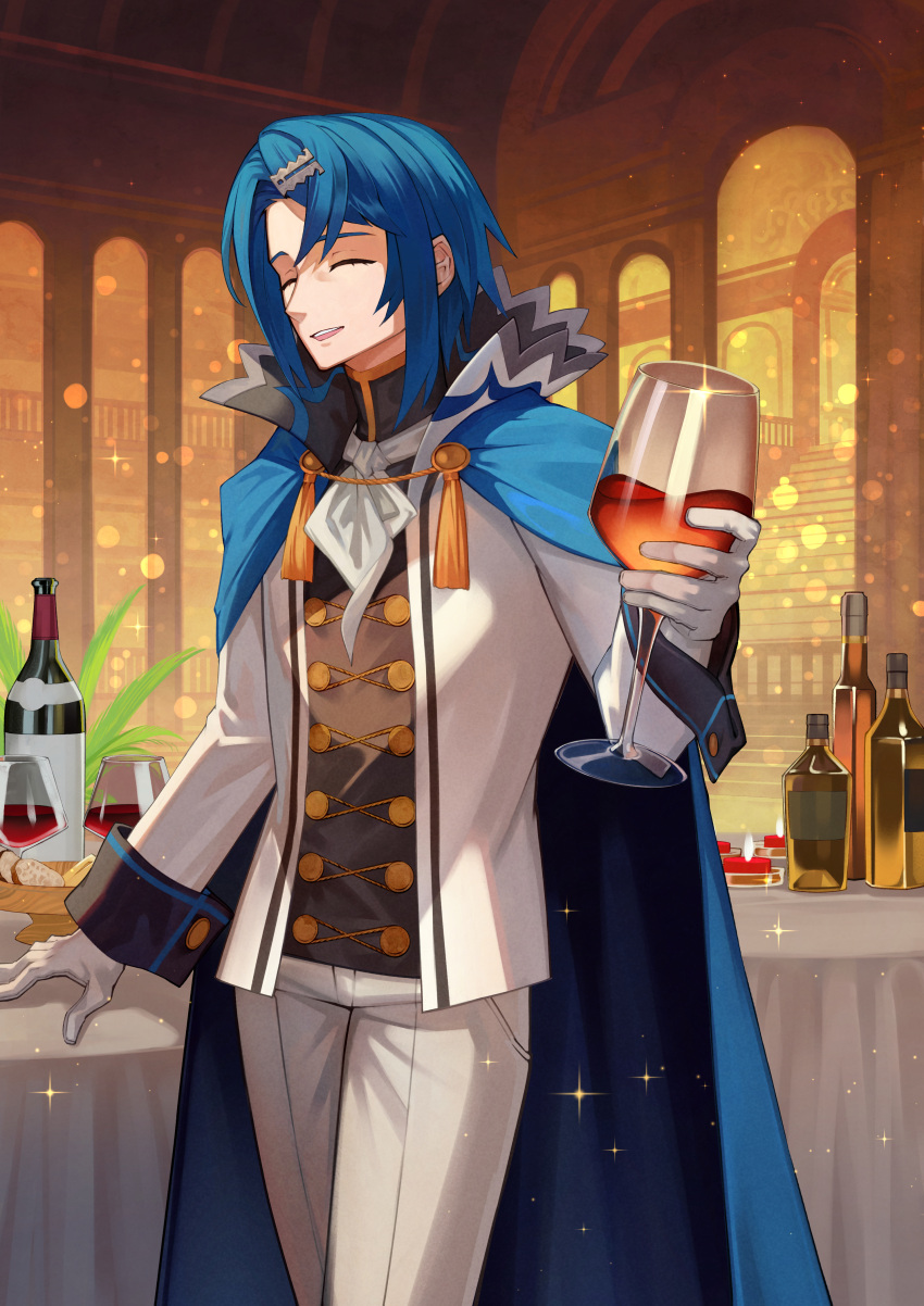 1boy absurdres alcryst_(fire_emblem) ascot asymmetrical_hair blue_hair bottle cape closed_eyes cup drinking_glass fire_emblem fire_emblem_engage gloves hair_between_eyes hair_ornament hairclip high_collar highres holding male_focus open_mouth short_hair smile solo standing table teo_(telo_ruka) white_ascot white_gloves wine_bottle wine_glass