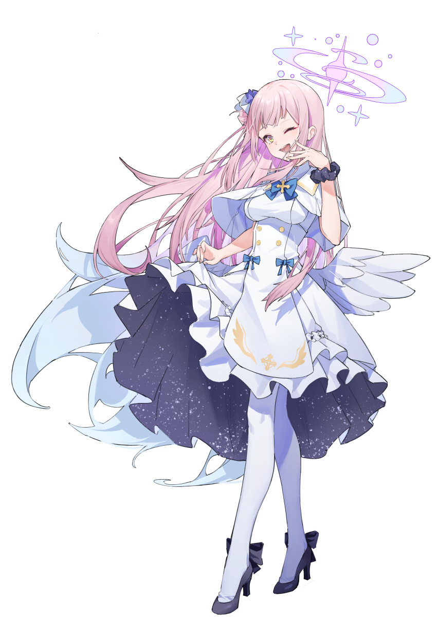 1girl absurdres angel_wings blue_archive breasts capelet dress flower hair_bun hair_flower hair_ornament halo highres ken_rqll large_breasts long_hair mika_(blue_archive) one_eye_closed open_mouth pantyhose pink_hair pink_halo purple_flower simple_background single_side_bun smile solo white_background white_capelet white_dress white_pantyhose white_wings wings yellow_eyes